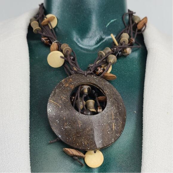 Boho Bohemian Chunky Wooden Statement Chocker Necklace Brutalist - Picture 1 of 6